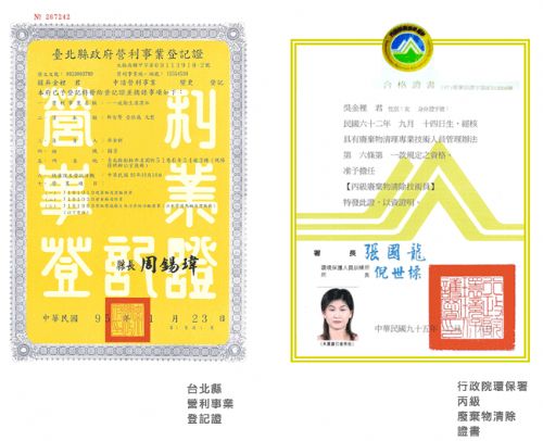 營利事業登記證、丙級廢棄物清除技術員證照